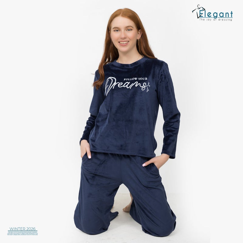 Elegant WIDE LEG Velvet Embroidery Pyjama - Navy-Follow Your Dreams - Image 2